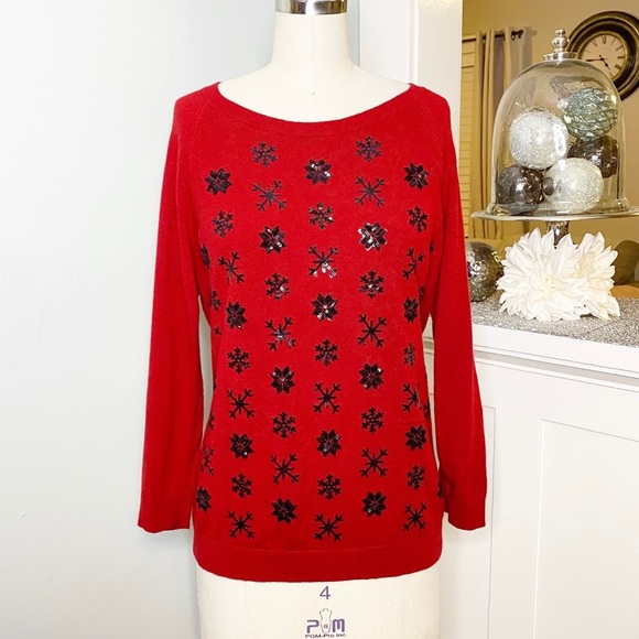 Talbots Red Sequin Lambswool Crew Neck Sweater - Picture 2 of 12